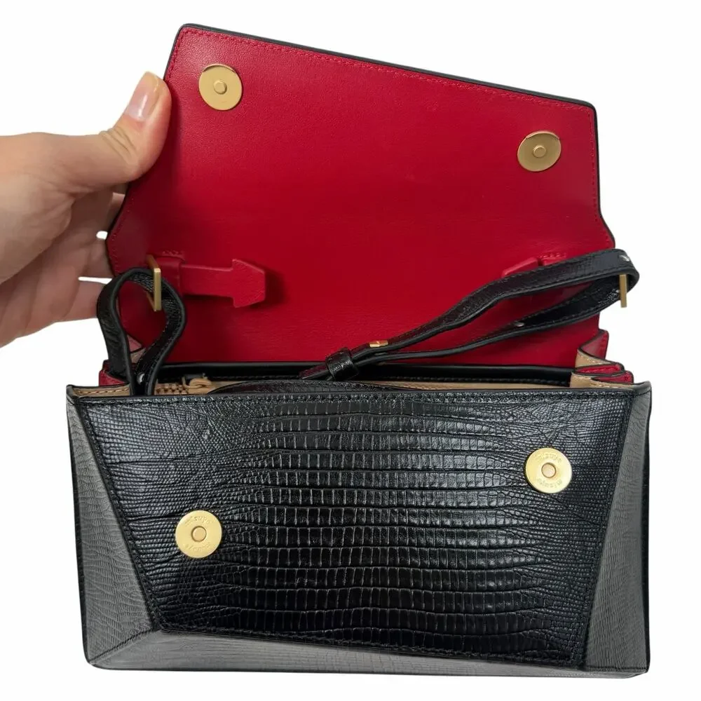 Mlouye Small Naomi Crossbody Bag Lizard Emboss Leather Top Handle Bag Black Red
